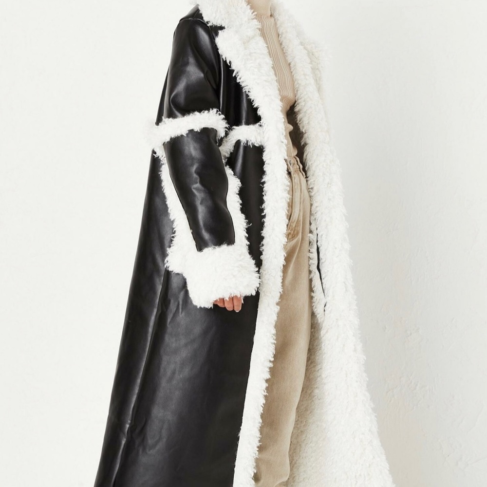 Faux Leather Faux Mongolian Fur Maxi Coat
